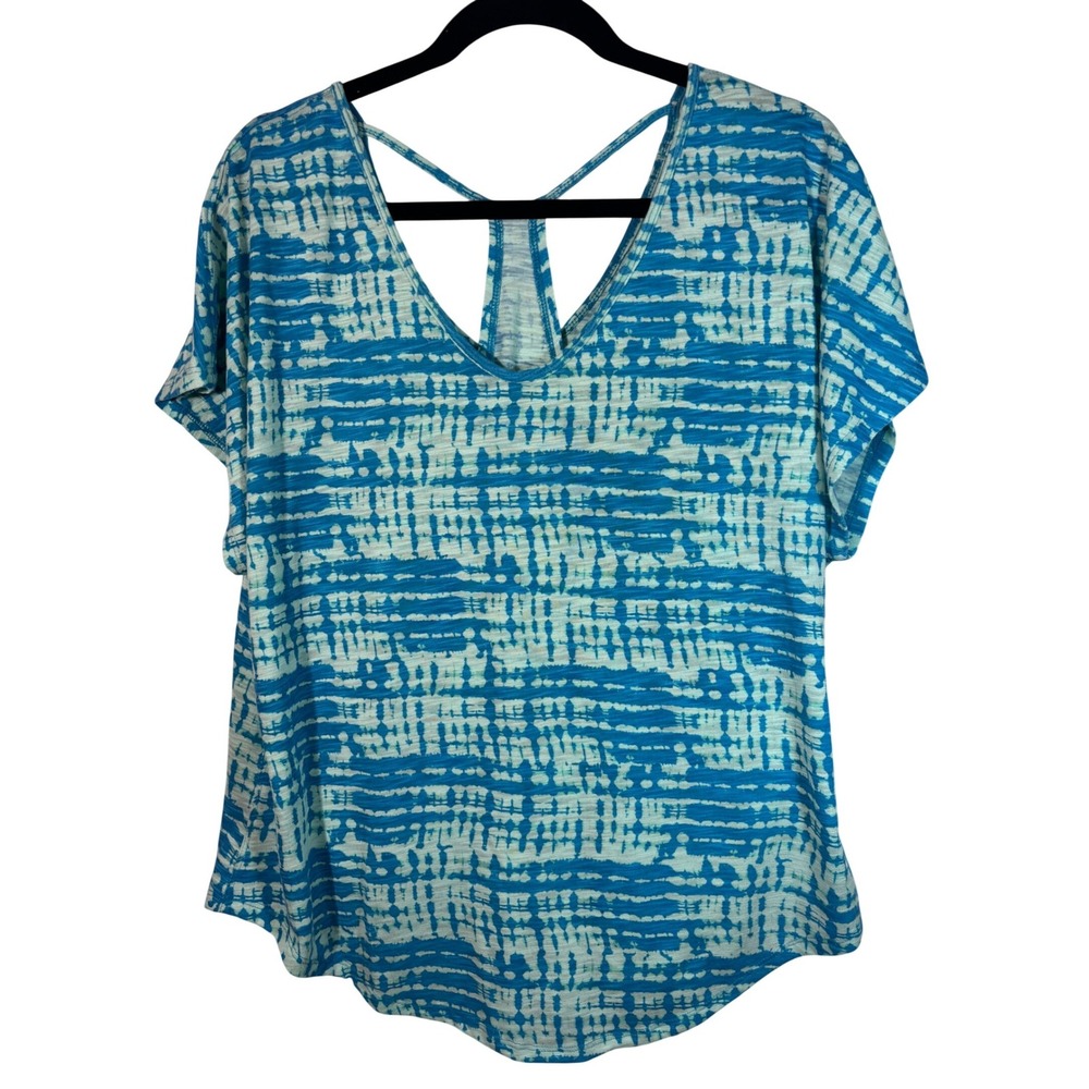 Xersion Womens Blue Med Tie Dye V-Neck Strappy T-Back Activewear Top Relaxed Fit